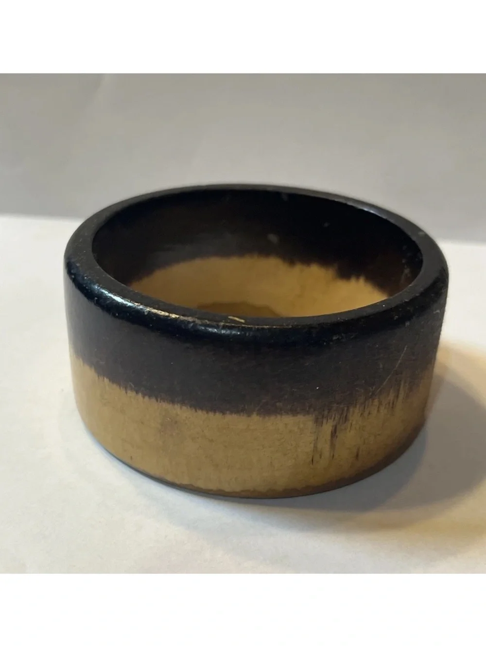 Vintage Two-Tone Wide Wooden Bangle Bracelet Black & Natural 7.8” 2.5 diameter